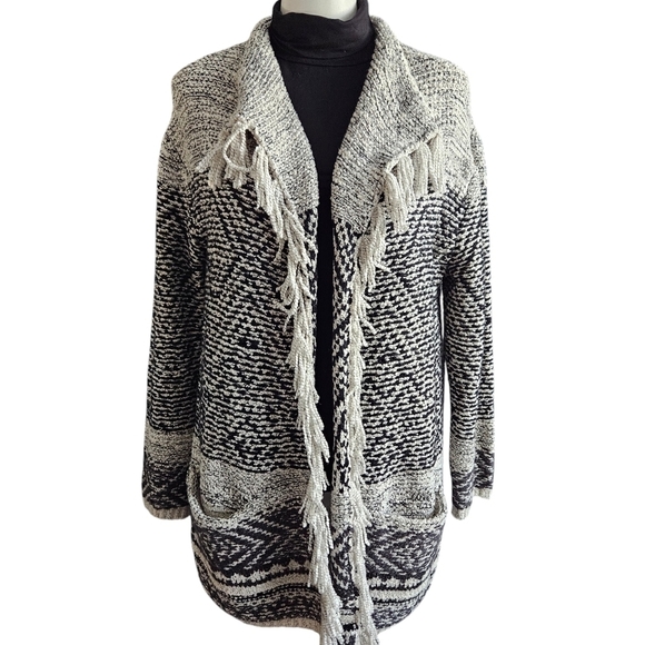 J. Jill Sweater Fringe Trim Cardigan Cotton Wool Black Western Chunky Boho Small - Picture 1 of 12